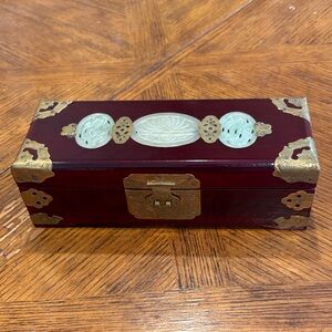 Shanghai vintage Chinese Jade Inlay Wooden Jewelry Box Engraved Brass Red Satin